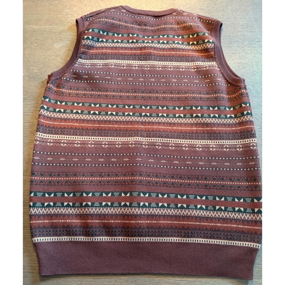 Paul Jones Mens Fair Isle Sweater Vest V-Neck Burgundy Brown Geometric Knit L - Picture 3 of 4